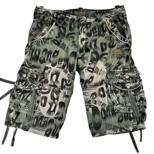 Fashion Don Gan Wang Zi Mens Graphic Cargo Shorts Grey Green Camo Size 34